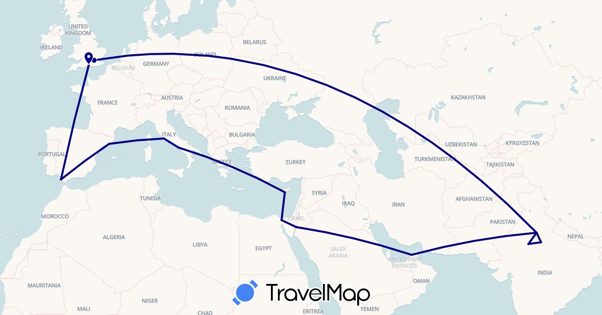 TravelMap itinerary: driving in United Arab Emirates, Cyprus, Egypt, Spain, United Kingdom, India, Italy, Jordan (Africa, Asia, Europe)